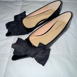 Caparros Black Patent Pointed-Toe Flats with Fabric Bow